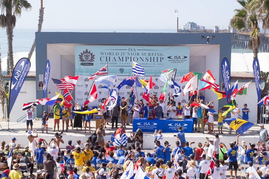 Representatives from every country wave their national flag as ISA President, Fernando Aguerre, declares the competition open. Photo: ISA/Chris Grant