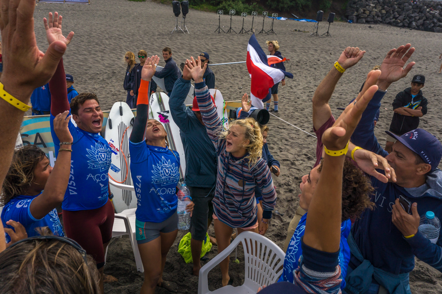 Team Costa Rica celebrates moving onto the ISA Aloha Cup Final set for Saturday. Photo: ISA / Sean Evans