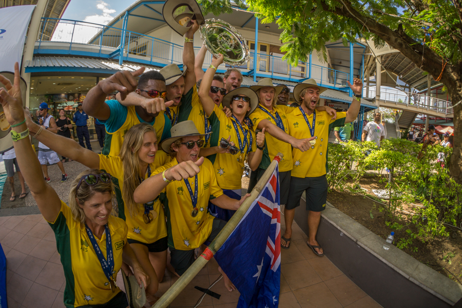 Team Australia celebrates winning their fourth Team Gold Medal in the fifth edition of the ISA World SUP and Paddleboard Championship. Photo: ISA / Sean Evans