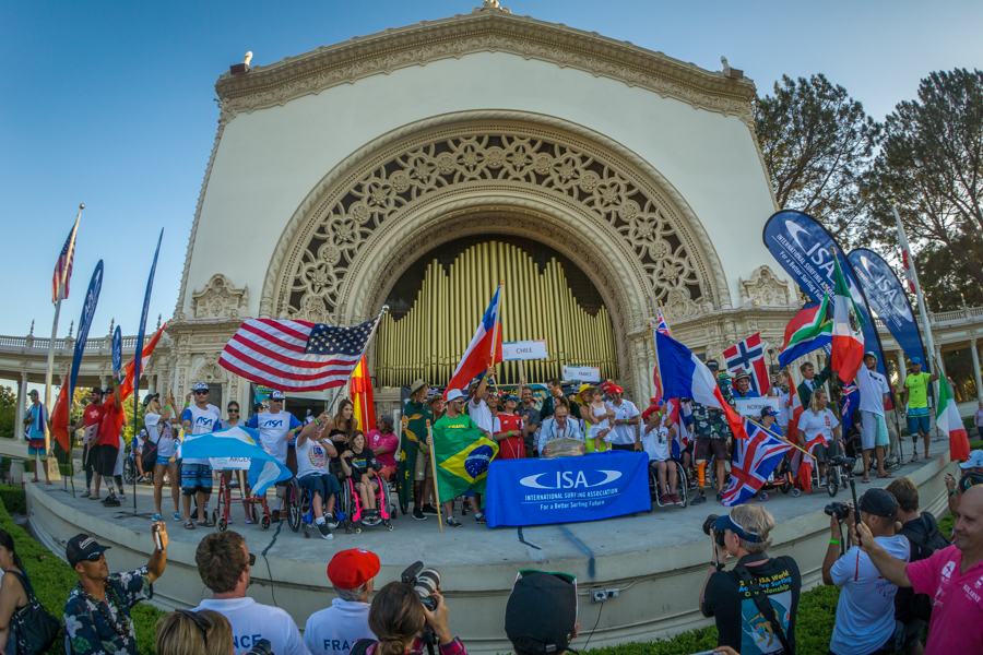 All 18 countries gather on stage to celebrate the official opening of the ISA World Adaptive Surfing Championship. Photo: ISA/Evans