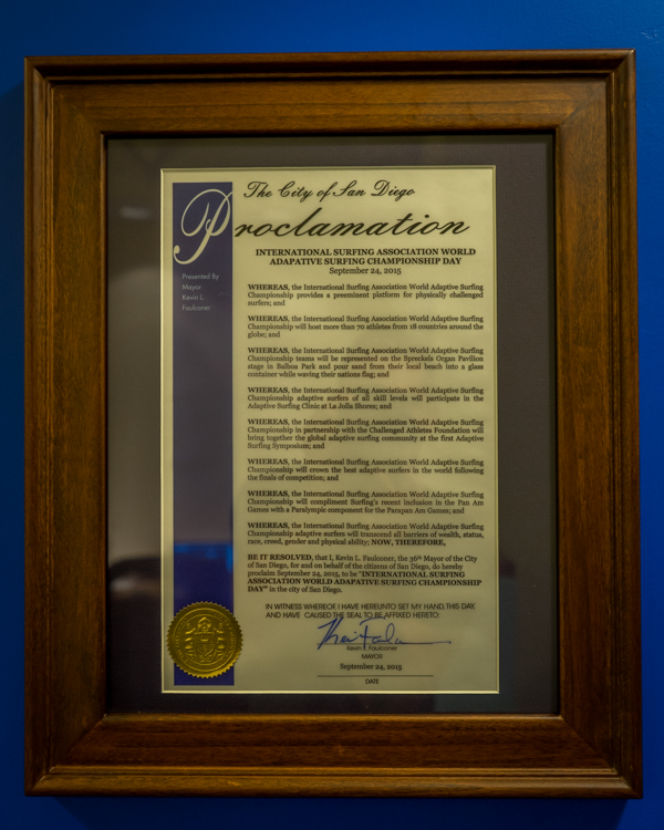 As stated in the proclamation presented to ISA President Fernando Aguerre, Mayor Kevin Faulconer proclaimed September 24th as the ISA World Adaptive Surfing Championship Day in San Diego. Photo: ISA/Sean Evans