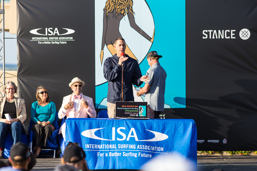 Co-founder and President of Stance, John Wilson, speakers to the athletes on the eve of competition. Photo: ISA / Chris Grant