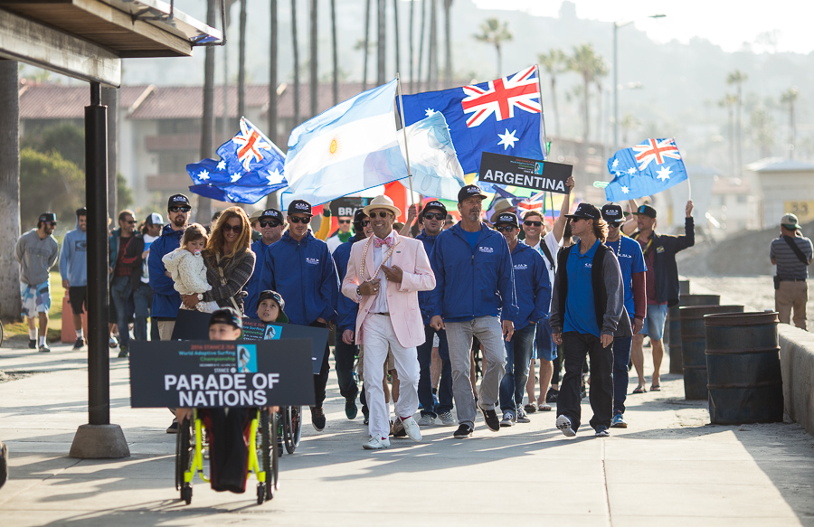 ISA President, Fernando Aguerre, leads the Parade of Nations at La Jolla Shores. Photo: ISA / Chris Grant