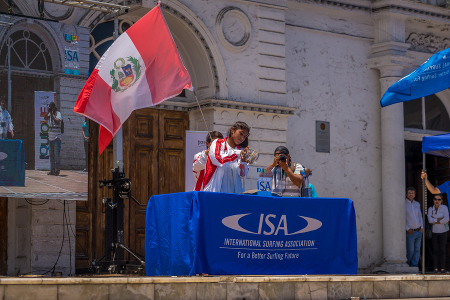 Peru’s Angela Lopez represented her country of Peru in the Sands of the World Ceremony on Monday in Iquique’s historic Plaza Arturo Prat. Photo: ISA/Sean Evans