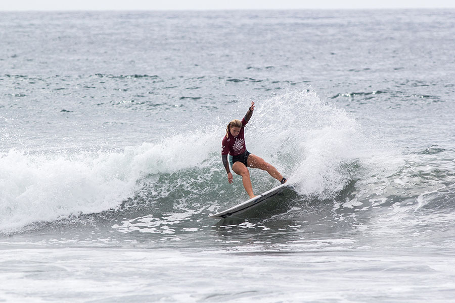 France’s Tessa Thyssen put her board on rail in the Girls U-18 Final to win the Gold Medal. Photo: ISA/Chris Grant