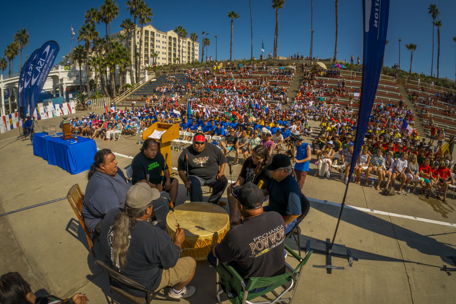 The Dancing Cloud Singers perform a drum song for the audience at the Opening Ceremony. Photo: ISA/Sean Evans