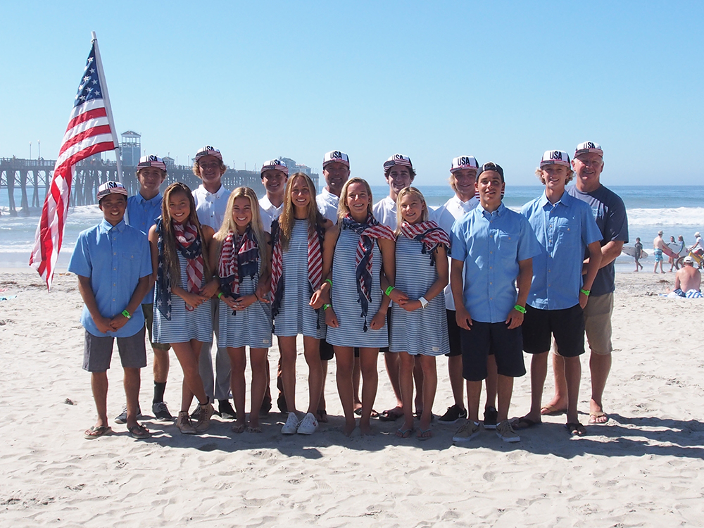 The host country, Team USA, shows their national pride in front of Oceanside Pier. Photo: ISA