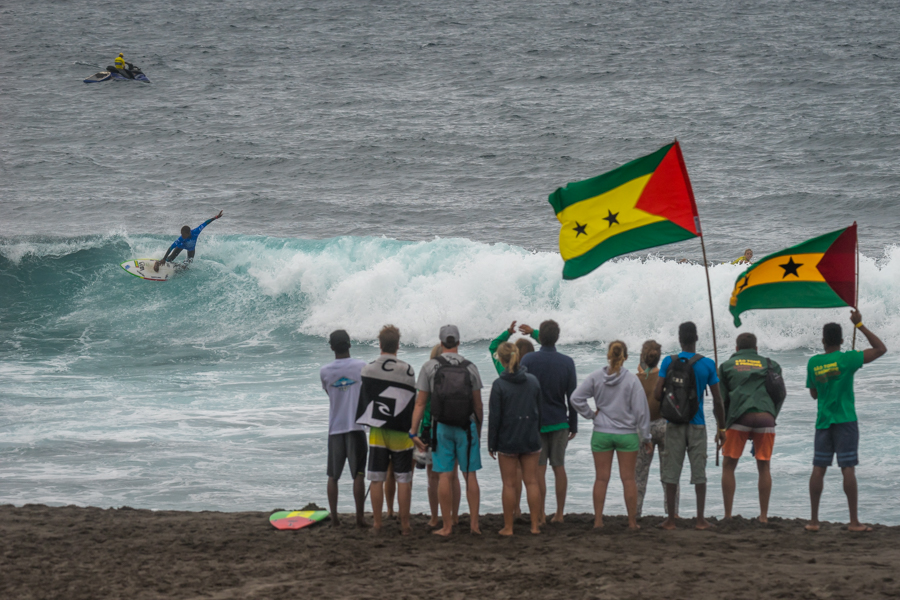 Team Sao Tome e Principe is making their presence known at their first-ever ISA World Championship, boisterously rooting for their surfers from the beach. Photo: ISA / Sean Evans