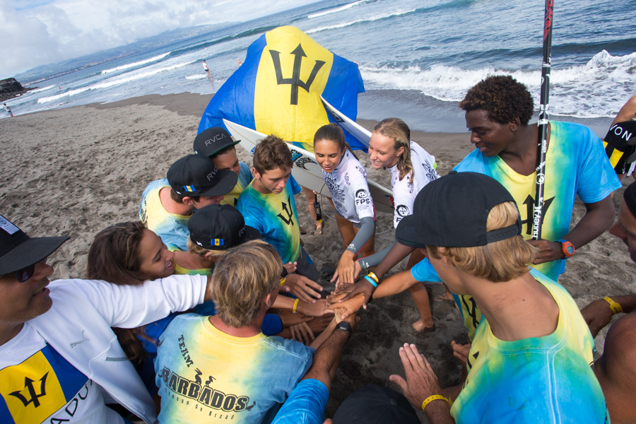 Team Barbados supports their female competitors as they joined the Boys in competition on Day 2 of the 2016 VISSLA ISA World Junior Surfing Championship. Photo: ISA / Miguel Rezendes