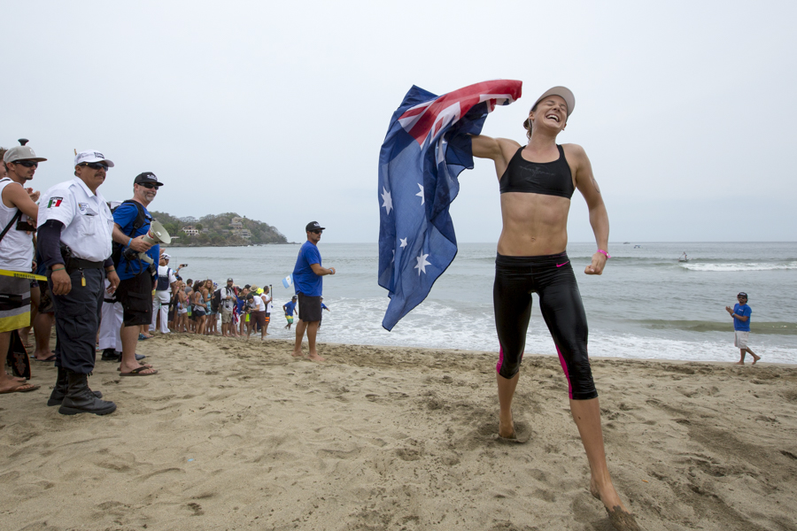 Jordan Mercer, the most decorated athlete in ISA history, added another medal to her collection with the Gold in the Women’s Distance Paddleboard Race. Photo: ISA/Reed