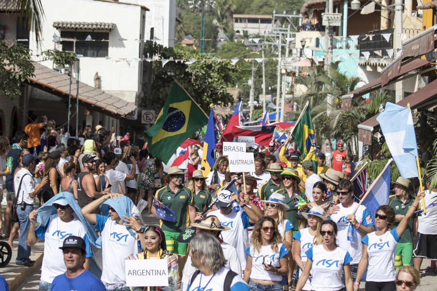 The 27 National Delegations parading through the heart of the colorfully rich, coastal village of Sayulita in front of thousands of local spectators during the Parade of Nations. Photo: ISA/Ben Reed