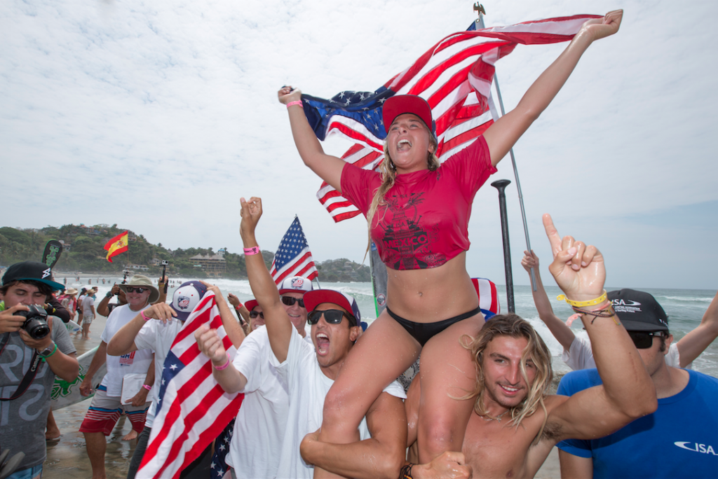 Team USA’s 15-year-old Izzi Gomez claimed the first ISA SUP Surfing Gold Medal of the day as well as valuable points for Team USA. Photo: ISA/Ben Reed