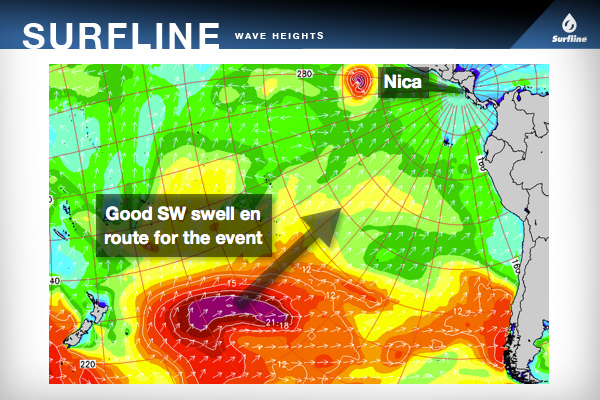 The official Surfline forecast is calling for solid head-high waves to start the contest and a large swell to hit in the middle of the week, creating double overhead surf for the Finals. Image provided by Surfline.  