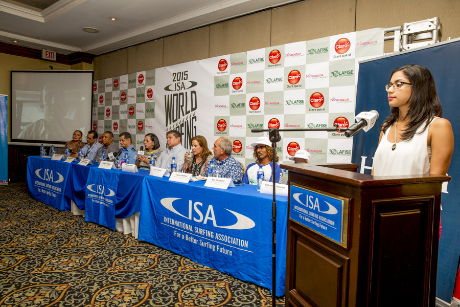 ISA President Fernando Aguerre, local Nicaraguan dignitaries and the Nicaraguan National Surf Team attended the Press Conference in Managua for the 2015 Nicaragua Unica Original ISA World Surfing Games. Photo: ISA/Ben Reed